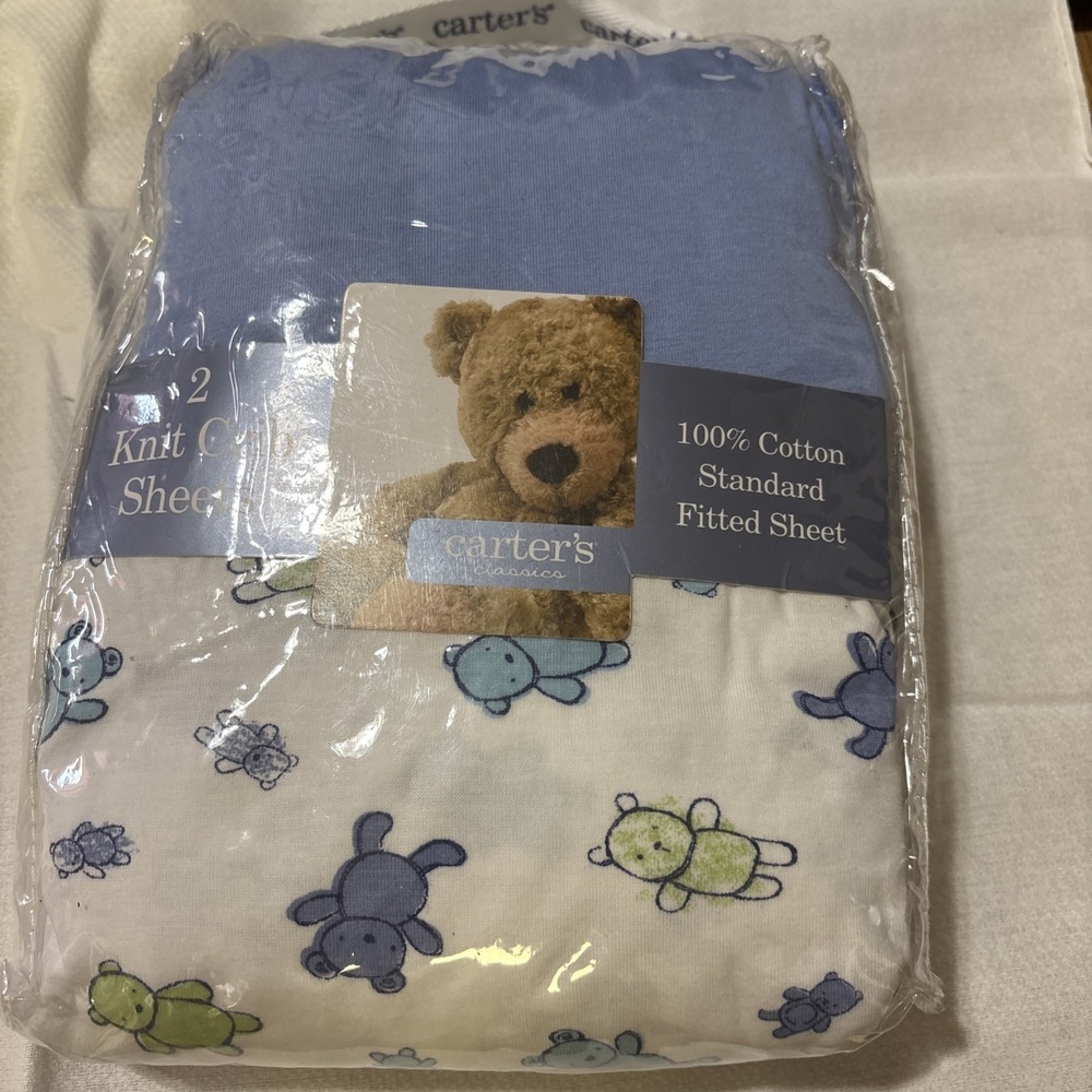 Carter's Classics Cotton Knit Crib Sheets Bears Blue Z18600H 2003‎ NEW